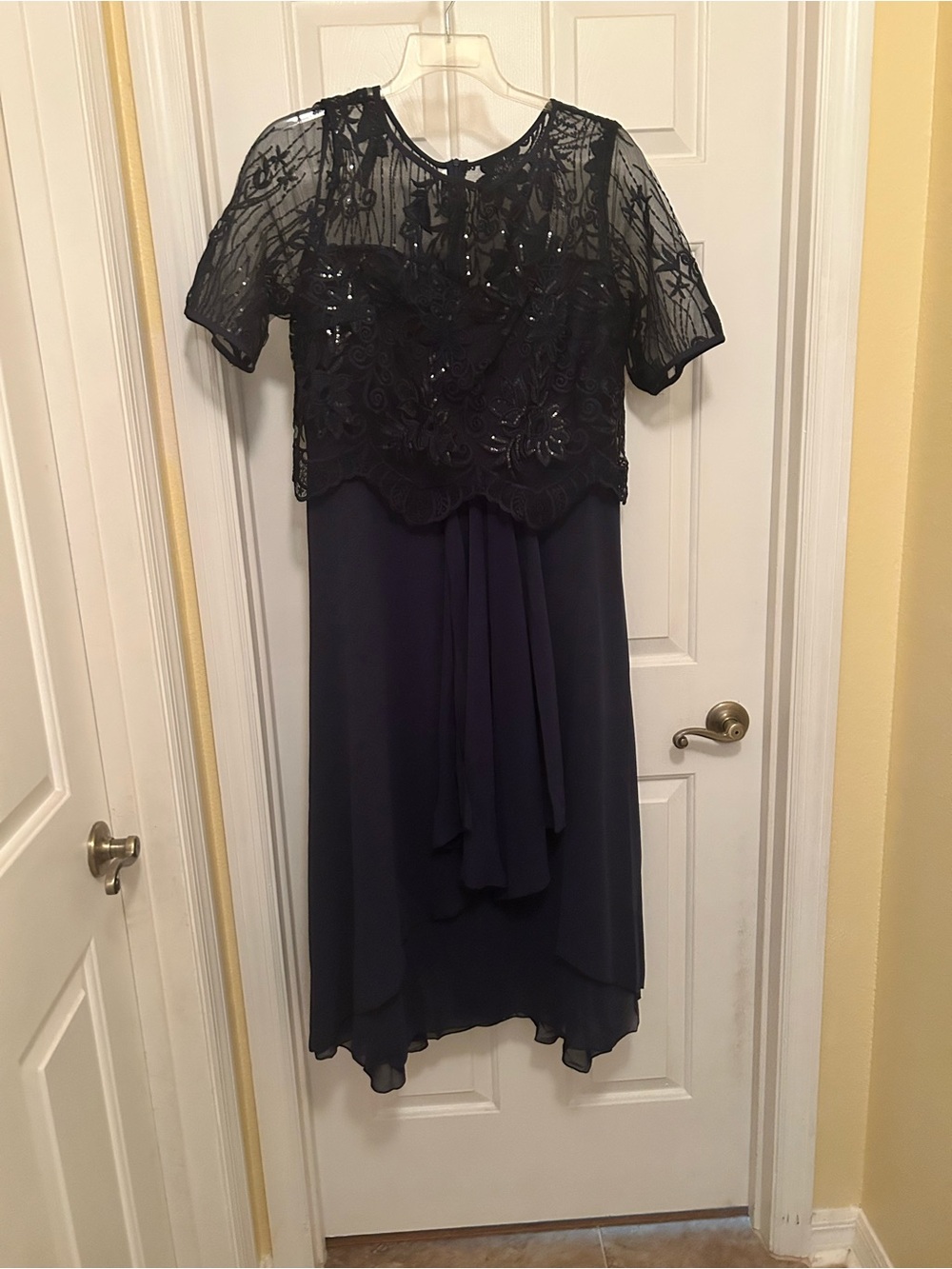 Navy Blue Embellished Midi Dress with Sheer Lace Overlay